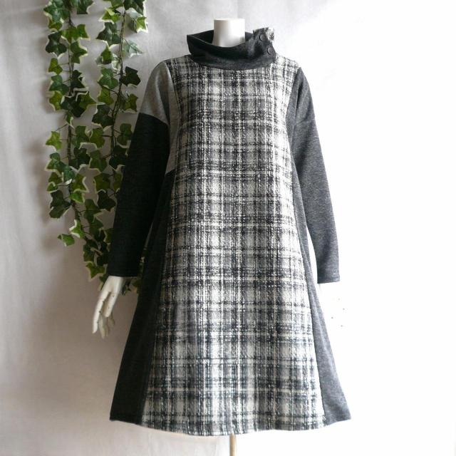 新品 9951 ML 上質ツイード切替 ワンピース 黒系 ドロップショルダー ハイネック 飾りボタン 大人 上品 クラシカル < 女性ファッション 新品 9951 ML 上質ツイード切替 ワンピース 黒系 ドロップショルダー ハイネック 飾りボタン 大人 上品 クラシカル < 女性ファッションの