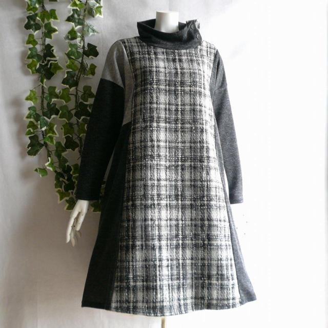 新品 9951 ML 上質ツイード切替 ワンピース 黒系 ドロップショルダー ハイネック 飾りボタン 大人 上品 クラシカル < 女性ファッション 新品 9951 ML 上質ツイード切替 ワンピース 黒系 ドロップショルダー ハイネック 飾りボタン 大人 上品 クラシカル < 女性ファッションの