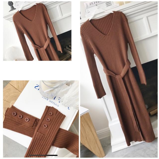 黒ブラックリブニットタイトワンピース膝下丈リボンベルトV < 女性ファッション  黒ブラックリブニットタイトワンピース膝下丈リボンベルトV < 女性ファッションの