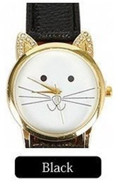ラインストーン耳デザイン&猫絵腕時計PUレザーベルトBk < 女性アクセサリー/時計  ラインストーン耳デザイン&猫絵腕時計PUレザーベルトBk  < 女性アクセサリー/時計の