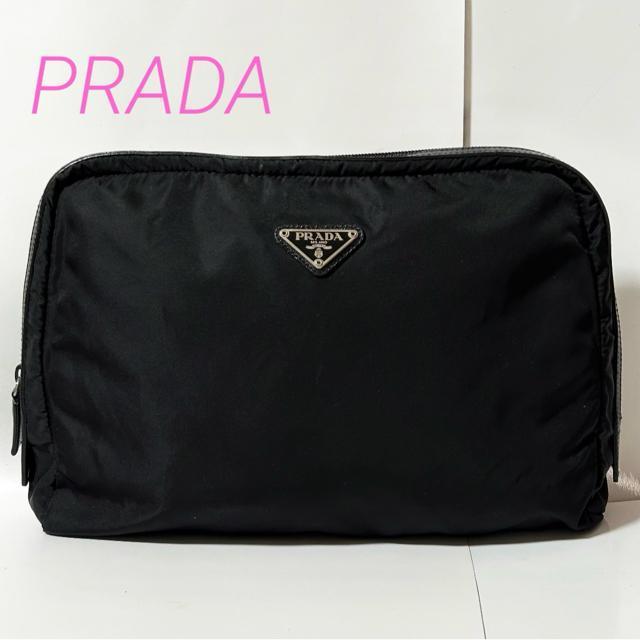 PRADA プラダ ナイロン サフィアーノ レザー ポーチ ブラック シルバー金具 三角ロゴプレート < ブランド PRADA プラダ ナイロン サフィアーノ レザー ポーチ ブラック シルバー金具 三角ロゴプレート < ブランドの