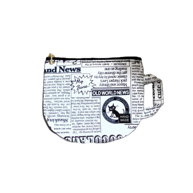 【15p】◆CoCo Land News◆黒猫英字新聞×白地◆ティーカップ型ファスナーポーチ < 女性ファッション  【15p】◆CoCo Land News◆黒猫英字新聞×白地◆ティーカップ型ファスナーポーチ  < 女性ファッションの
