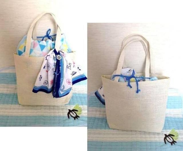 ハンドメイド◆4way キルト巾着 麻 ショルダーバッグ ブルー ビーズ アンクレット < 女性ファッション  ハンドメイド◆4way キルト巾着 麻 ショルダーバッグ ブルー ビーズ アンクレット  < 女性ファッションの