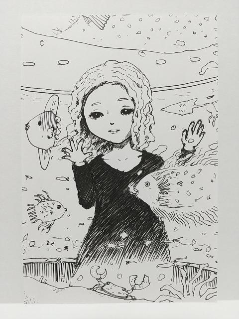 オリジナルイラスト 手描きイラスト 水族館 ハンドメイド インテリア 絵 モノクロ 原画 アナログ アート 自作 女の子 魚 < アニメ/コミック/キャラクター  オリジナルイラスト 手描きイラスト 水族館 ハンドメイド インテリア 絵 モノクロ 原画 アナログ アート 自作 女の子 魚  < アニメ/コミック/キャラクターの
