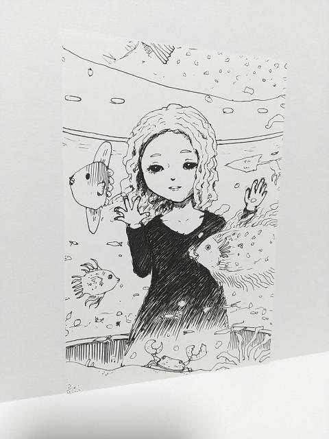 オリジナルイラスト 手描きイラスト 水族館 ハンドメイド インテリア 絵 モノクロ 原画 アナログ アート 自作 女の子 魚 < アニメ/コミック/キャラクター  オリジナルイラスト 手描きイラスト 水族館 ハンドメイド インテリア 絵 モノクロ 原画 アナログ アート 自作 女の子 魚 < アニメ/コミック/キャラクターの