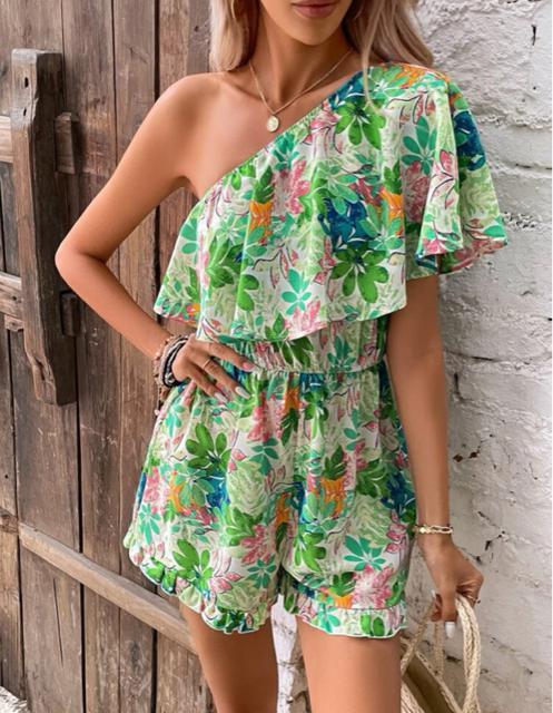 ワンショルダー フリルトリム ロンパース < 女性ファッション  ワンショルダー フリルトリム ロンパース < 女性ファッションの