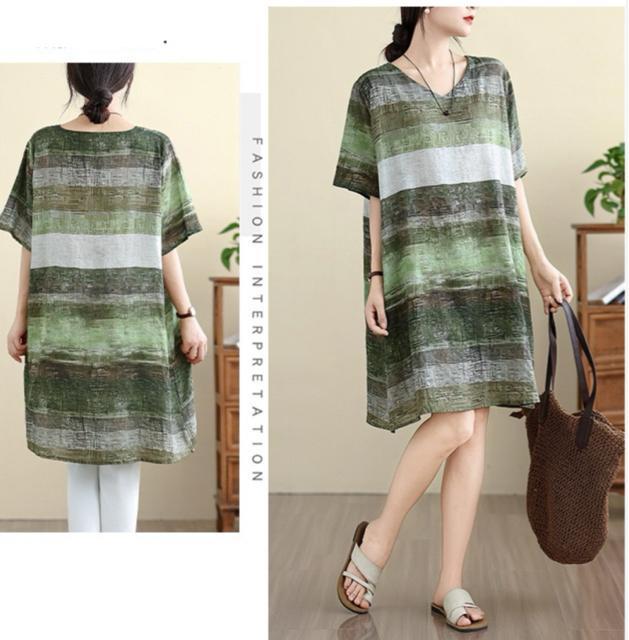 ひざ丈 ワンピース ボーダー柄 グリーン系 大きいサイズ < 女性ファッション  ひざ丈 ワンピース ボーダー柄 グリーン系 大きいサイズ < 女性ファッションの