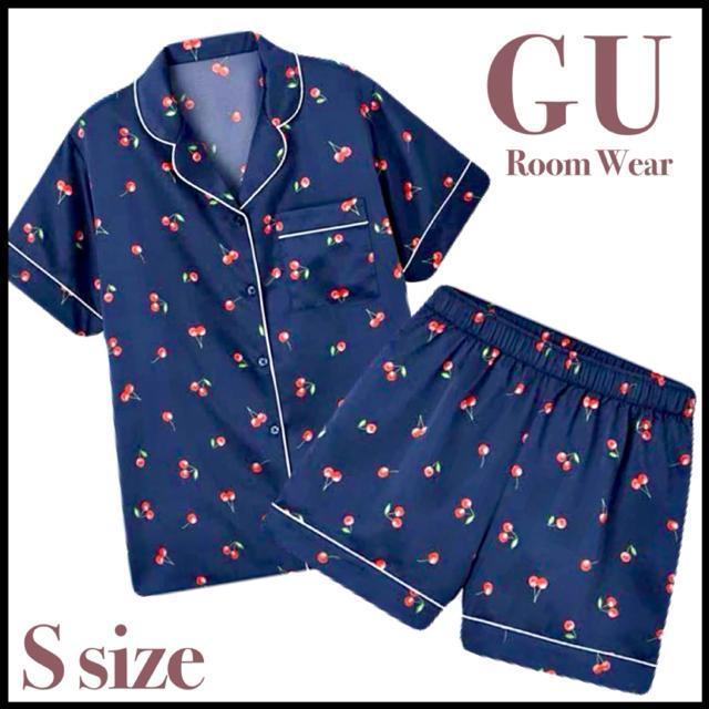 GU Navy チェリー柄 半袖 サテン ルームウェア 部屋着 パジャマ < 女性ファッション GU Navy チェリー柄 半袖 サテン ルームウェア 部屋着 パジャマ < 女性ファッションの