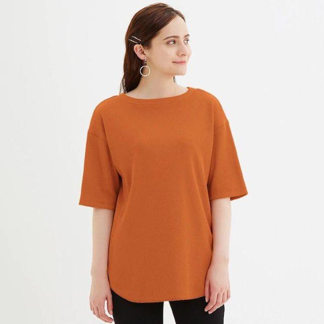 GUバックヘンリーオーバーサイズTシャツワッフル5分袖オレンジM < ブランド  GUバックヘンリーオーバーサイズTシャツワッフル5分袖オレンジM < ブランドの