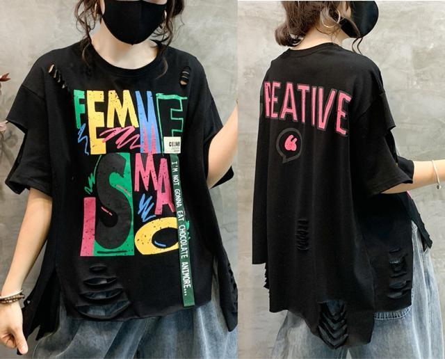ダメージ入り カラフル ペイントロゴ ゆったりtシャツ ブラック 大きいサイズ < 女性ファッション ダメージ入り カラフル ペイントロゴ ゆったりtシャツ ブラック 大きいサイズ < 女性ファッションの