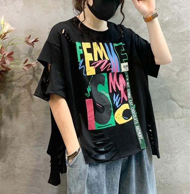 ダメージ入り カラフル ペイントロゴ ゆったりtシャツ ブラック 大きいサイズ < 女性ファッション ダメージ入り カラフル ペイントロゴ ゆったりtシャツ ブラック 大きいサイズ < 女性ファッションの