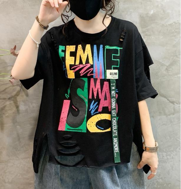 ダメージ入り カラフル ペイントロゴ ゆったりtシャツ ブラック 大きいサイズ < 女性ファッション ダメージ入り カラフル ペイントロゴ ゆったりtシャツ ブラック 大きいサイズ < 女性ファッションの