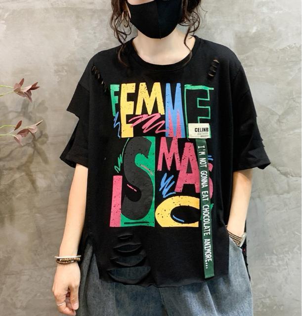 ダメージ入り カラフル ペイントロゴ ゆったりtシャツ ブラック 大きいサイズ < 女性ファッション ダメージ入り カラフル ペイントロゴ ゆったりtシャツ ブラック 大きいサイズ < 女性ファッションの