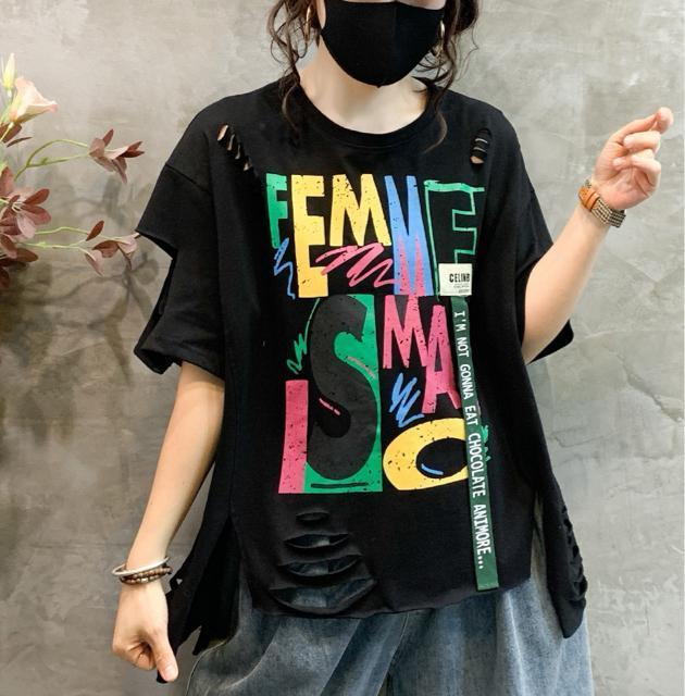 ダメージ入り カラフル ペイントロゴ ゆったりtシャツ ブラック 大きいサイズ < 女性ファッション ダメージ入り カラフル ペイントロゴ ゆったりtシャツ ブラック 大きいサイズ < 女性ファッションの