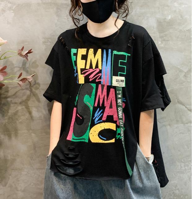 ダメージ入り カラフル ペイントロゴ ゆったりtシャツ ブラック 大きいサイズ < 女性ファッション ダメージ入り カラフル ペイントロゴ ゆったりtシャツ ブラック 大きいサイズ < 女性ファッションの