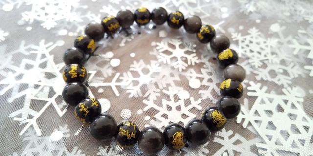 *定形外無料*天然石ブレス*金彫り普賢菩薩様とシルバーオブシディアン* < 女性アクセサリー/時計 *定形外無料*天然石ブレス*金彫り普賢菩薩様とシルバーオブシディアン* < 女性アクセサリー/時計の