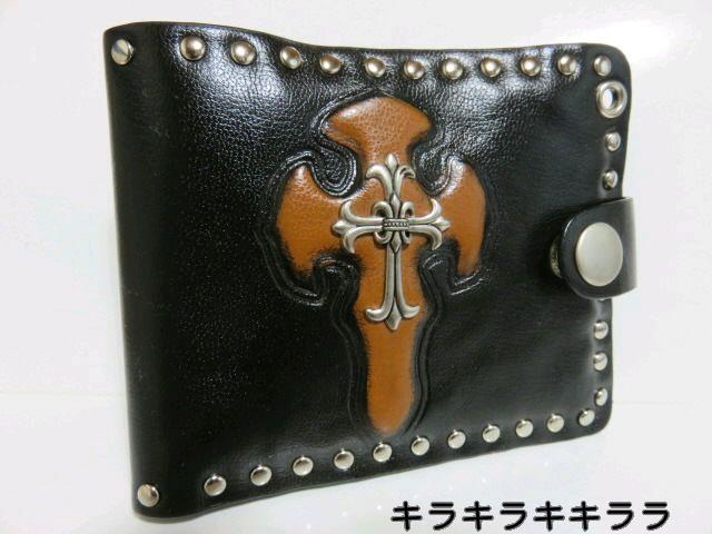 《New》クロス型押し(B)&クロス@★本革・スタッズ*ウォレット財布/ブラック<箱付> < 男性ファッション  《New》クロス型押し(B)&クロス@★本革・スタッズ*ウォレット財布/ブラック<箱付>  < 男性ファッションの