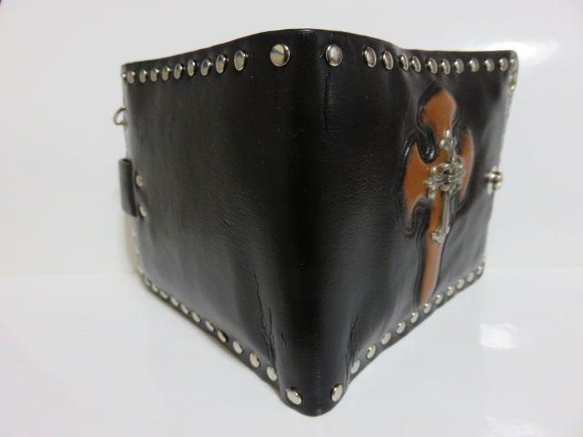 《New》クロス型押し(B)&クロス@★本革・スタッズ*ウォレット財布/ブラック<箱付> < 男性ファッション  《New》クロス型押し(B)&クロス@★本革・スタッズ*ウォレット財布/ブラック<箱付> < 男性ファッションの