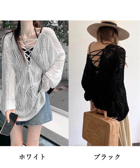 送料無料 新品 透かし編み ニットトップス レースアップ < 女性ファッション  送料無料 新品 透かし編み ニットトップス レースアップ < 女性ファッションの