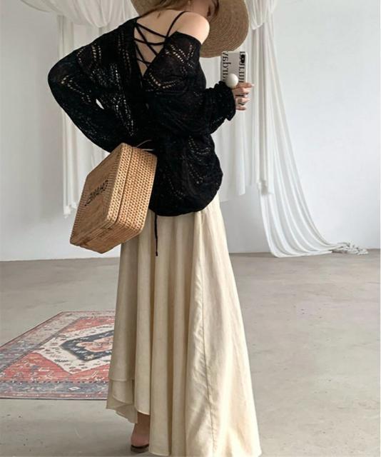 送料無料 新品 透かし編み ニットトップス レースアップ < 女性ファッション  送料無料 新品 透かし編み ニットトップス レースアップ < 女性ファッションの