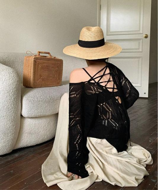 送料無料 新品 透かし編み ニットトップス レースアップ < 女性ファッション  送料無料 新品 透かし編み ニットトップス レースアップ < 女性ファッションの