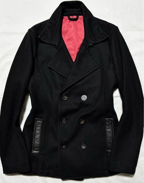 NO ID. ノーアイディー 定価4万円程 革 レザー 付き 起毛 ウール ピーコート ジャケット 2 ライダース ドメス ロック < ブランド NO ID. ノーアイディー 定価4万円程 革 レザー 付き 起毛 ウール ピーコート ジャケット 2 ライダース ドメス ロック < ブランドの