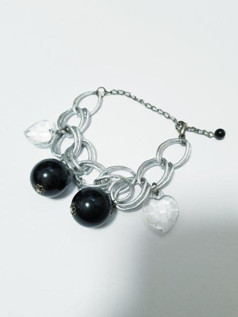 (100) シルバー極太チェーン ハートクリアビジュー×黒丸BIGビーズ ブレスレット < 女性アクセサリー/時計  (100) シルバー極太チェーン ハートクリアビジュー×黒丸BIGビーズ ブレスレット  < 女性アクセサリー/時計の