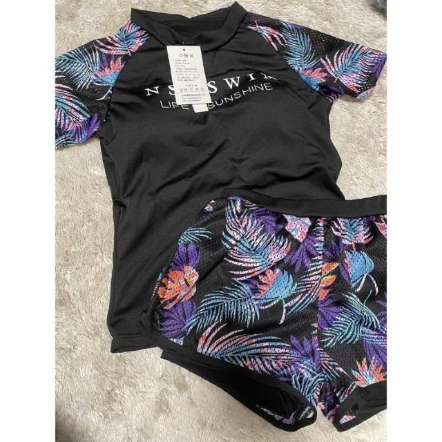 ◆新品!!ラッシュガード上下2点セット◆リゾート柄×ブラック★パット入り*水着♪ < 女性ファッション ◆新品!!ラッシュガード上下2点セット◆リゾート柄×ブラック★パット入り*水着♪ < 女性ファッションの