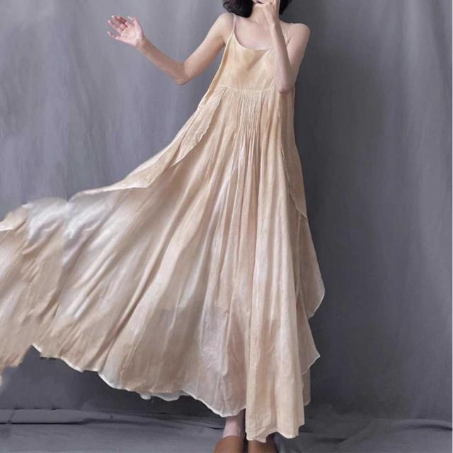 キャミーワンピース ロング フレア ベージュ系 大きいサイズ < 女性ファッション  キャミーワンピース ロング フレア ベージュ系 大きいサイズ < 女性ファッションの