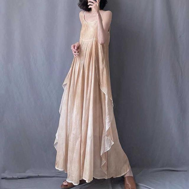 キャミーワンピース ロング フレア ベージュ系 大きいサイズ < 女性ファッション  キャミーワンピース ロング フレア ベージュ系 大きいサイズ < 女性ファッションの