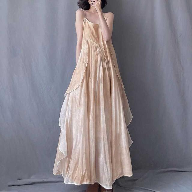 キャミーワンピース ロング フレア ベージュ系 大きいサイズ < 女性ファッション  キャミーワンピース ロング フレア ベージュ系 大きいサイズ < 女性ファッションの