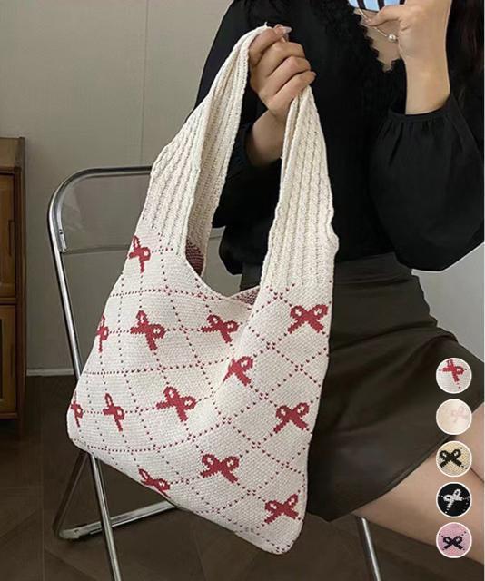 送料無料 新品 ニットトートバッグ リボン柄ニット編み鞄 < 女性ファッション  送料無料 新品 ニットトートバッグ リボン柄ニット編み鞄  < 女性ファッションの