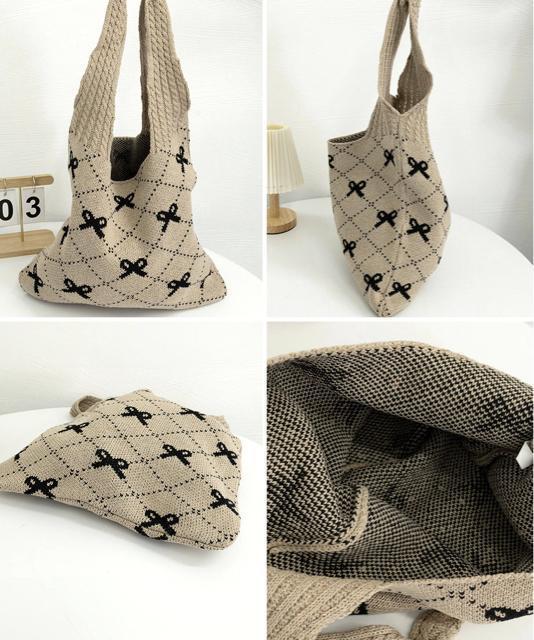 送料無料 新品 ニットトートバッグ リボン柄ニット編み鞄 < 女性ファッション  送料無料 新品 ニットトートバッグ リボン柄ニット編み鞄 < 女性ファッションの