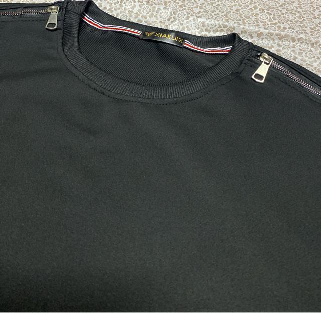 ゆったり 男女兼用 tシャツ  肩ファスナー付き ロング丈 ブラック 大きいサイズ < 女性ファッション  ゆったり 男女兼用 tシャツ  肩ファスナー付き ロング丈 ブラック 大きいサイズ < 女性ファッションの
