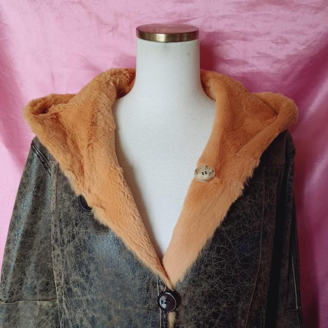 2way便利リバーシブル茶色本革レザー×ベージュ毛皮リアルラビットファー滑らか暖か柔らか薄手軽量フード付きお洒落可愛いロングコート < 女性ファッション 2way便利リバーシブル茶色本革レザー×ベージュ毛皮リアルラビットファー滑らか暖か柔らか薄手軽量フード付きお洒落可愛いロングコート < 女性ファッションの