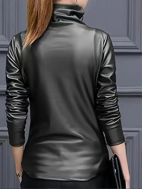 爆ヤス価格1490円★レディース ハイネック 合成皮革トップス ソリッドブラック シャツ USAサイズS(日本サイズM相当) < 女性ファッション 爆ヤス価格1490円★レディース ハイネック 合成皮革トップス ソリッドブラック シャツ USAサイズS(日本サイズM相当) < 女性ファッションの