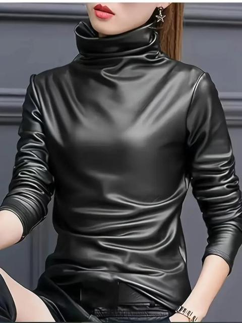 爆ヤス価格1490円★レディース ハイネック 合成皮革トップス ソリッドブラック シャツ USAサイズS(日本サイズM相当) < 女性ファッション 爆ヤス価格1490円★レディース ハイネック 合成皮革トップス ソリッドブラック シャツ USAサイズS(日本サイズM相当) < 女性ファッションの