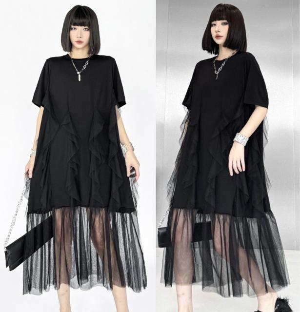 透けレース切り替え ロング丈ワンピース フリル付き ブラック 大きいサイズ < 女性ファッション  透けレース切り替え ロング丈ワンピース フリル付き ブラック 大きいサイズ  < 女性ファッションの