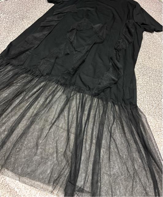 透けレース切り替え ロング丈ワンピース フリル付き ブラック 大きいサイズ < 女性ファッション  透けレース切り替え ロング丈ワンピース フリル付き ブラック 大きいサイズ < 女性ファッションの