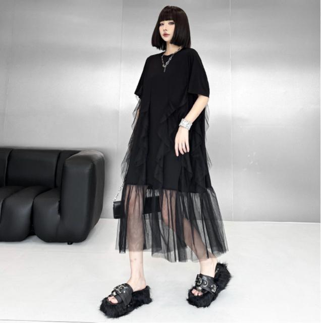 透けレース切り替え ロング丈ワンピース フリル付き ブラック 大きいサイズ < 女性ファッション  透けレース切り替え ロング丈ワンピース フリル付き ブラック 大きいサイズ < 女性ファッションの