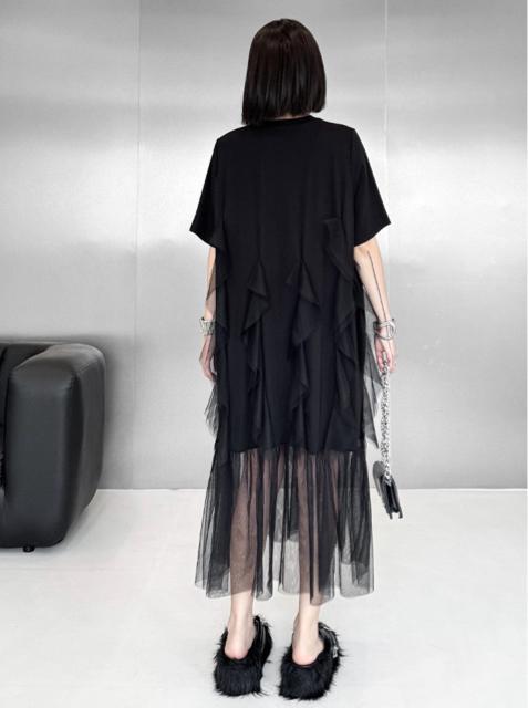 透けレース切り替え ロング丈ワンピース フリル付き ブラック 大きいサイズ < 女性ファッション  透けレース切り替え ロング丈ワンピース フリル付き ブラック 大きいサイズ < 女性ファッションの