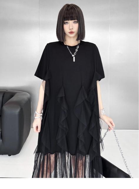 透けレース切り替え ロング丈ワンピース フリル付き ブラック 大きいサイズ < 女性ファッション  透けレース切り替え ロング丈ワンピース フリル付き ブラック 大きいサイズ < 女性ファッションの