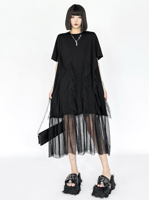 透けレース切り替え ロング丈ワンピース フリル付き ブラック 大きいサイズ < 女性ファッション  透けレース切り替え ロング丈ワンピース フリル付き ブラック 大きいサイズ < 女性ファッションの