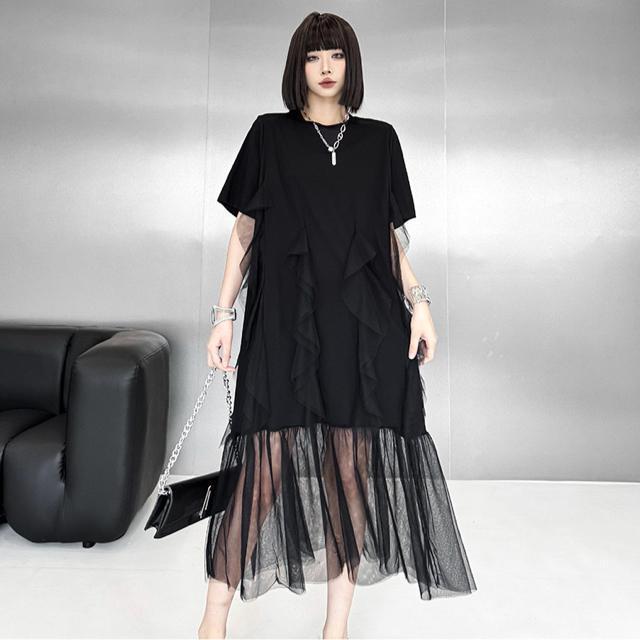 透けレース切り替え ロング丈ワンピース フリル付き ブラック 大きいサイズ < 女性ファッション  透けレース切り替え ロング丈ワンピース フリル付き ブラック 大きいサイズ < 女性ファッションの