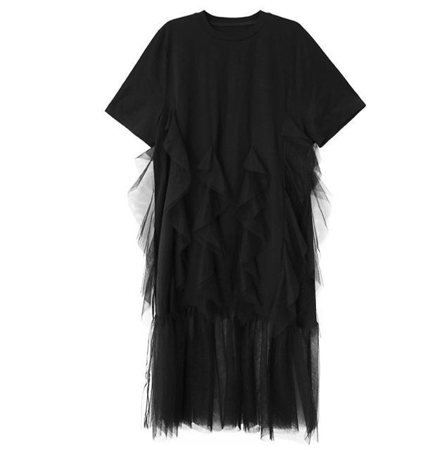 透けレース切り替え ロング丈ワンピース フリル付き ブラック 大きいサイズ < 女性ファッション  透けレース切り替え ロング丈ワンピース フリル付き ブラック 大きいサイズ < 女性ファッションの