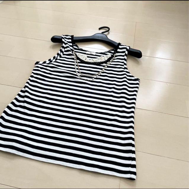 ボーダーノースリーブカットソー タンクトップ トップス アクセサリー付き < 女性ファッション  ボーダーノースリーブカットソー タンクトップ トップス アクセサリー付き < 女性ファッションの
