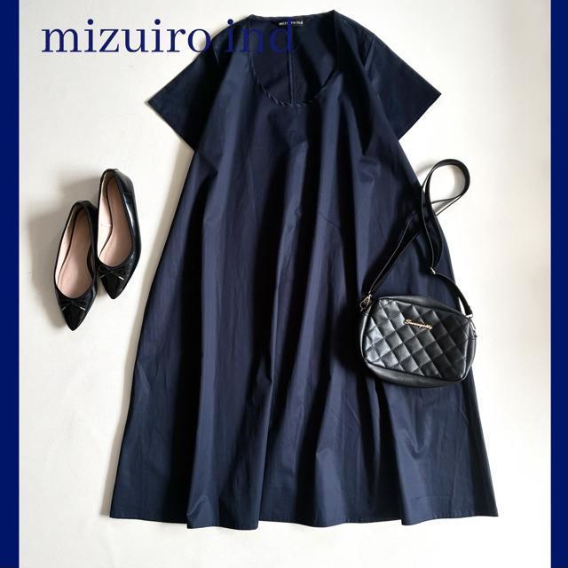 ◆美品◆ミズイロインド◆綿混半袖ワンピース◆チュニック◆フレア◆ロング◆ネイビー < 女性ファッション ◆美品◆ミズイロインド◆綿混半袖ワンピース◆チュニック◆フレア◆ロング◆ネイビー < 女性ファッションの