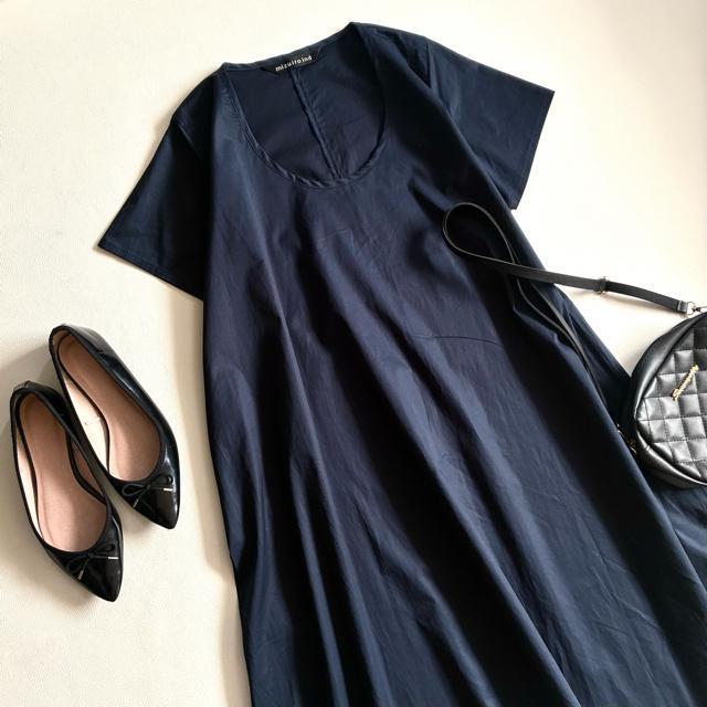 ◆美品◆ミズイロインド◆綿混半袖ワンピース◆チュニック◆フレア◆ロング◆ネイビー < 女性ファッション ◆美品◆ミズイロインド◆綿混半袖ワンピース◆チュニック◆フレア◆ロング◆ネイビー < 女性ファッションの