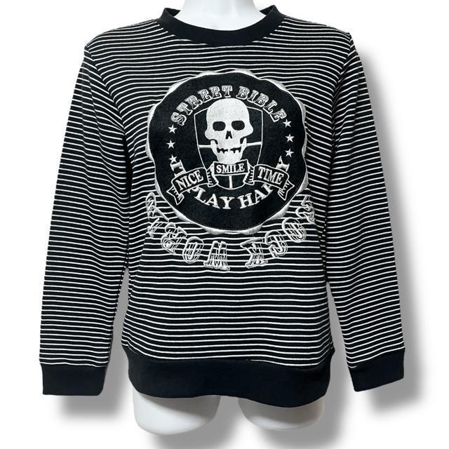 【150】スカル刺繍BIGワッペン付ボーダー柄スウェットプルオーバー < キッズ/ベビー  【150】スカル刺繍BIGワッペン付ボーダー柄スウェットプルオーバー < キッズ/ベビーの