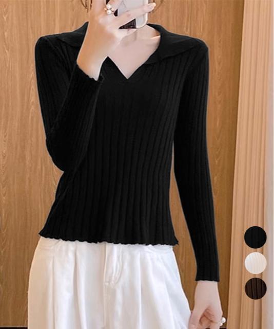 送料無料 新品 ポロカラー リブニットトップス Vネック < 女性ファッション  送料無料 新品 ポロカラー リブニットトップス Vネック  < 女性ファッションの